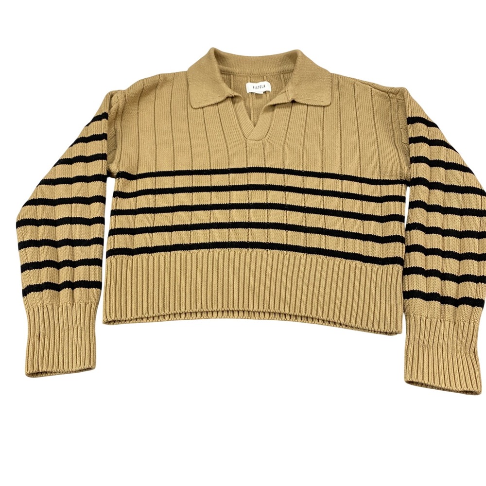Pistola Tan Noir Stripe‎ Ribbed Cotton Polo Sweater Small